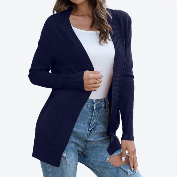 Womens Oversized Cardigans Soft Knit Cardigan Sweater with Pockets Ndbuld Fashion Women's Casual Long Sleeve Solid Pocket Ladies Blouse Coat Outwear Jacket Blue L