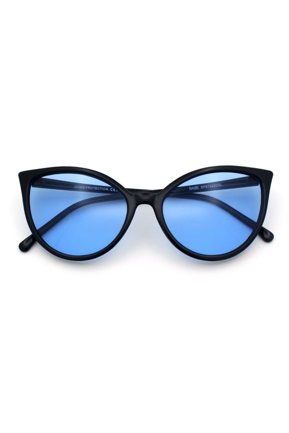 Womens Oversized Cat Eye Goth Pop Color Lens Plastic Sunglasses Black Frame - Blue Lens