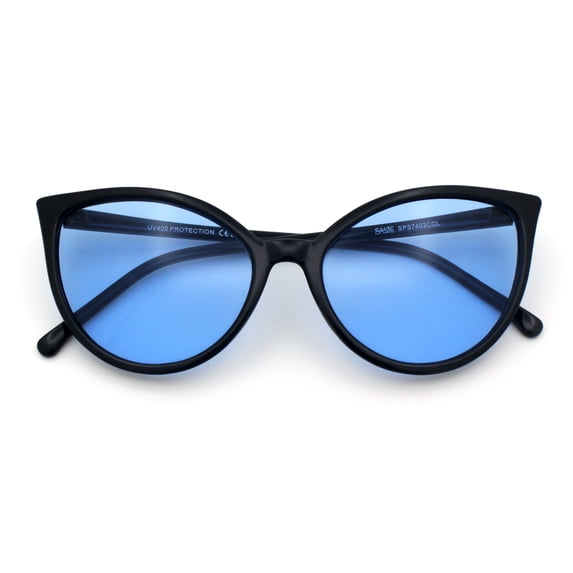 SA106 Womens Oversized Cat Eye Goth Pop Color Lens Plastic Sunglasses Black Frame - Blue Lens