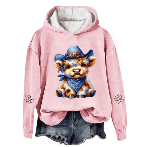 Womens Oversized Christmas Hoodies Highland Cattle Print Long Sleeve Hooded Sweatshirt Xmas Holiday Fashion Casual Winter Warn Pullover Tops