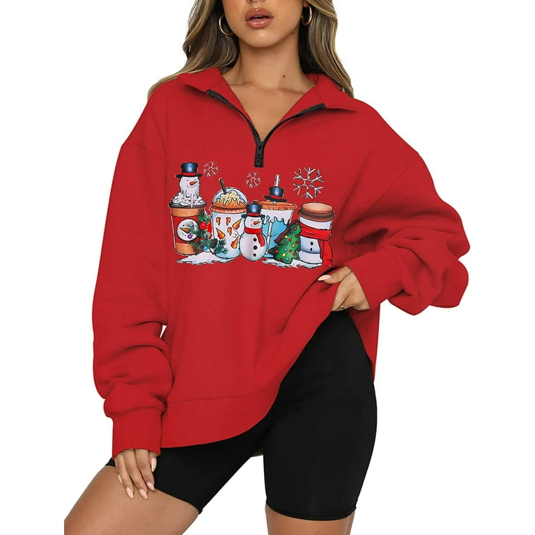 Womens Oversized Christmas Sweatshirt Half Zip Pullover Long Sleeve Quarter  Zip Tops Teen Girls Fall Fashion 2022 Y2K Clothes