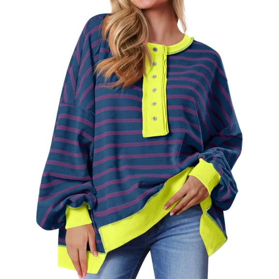 Womens Oversized Color Block Striped Sweatshirts Henley Shirts Casual Pullover Waffle Knit Tops