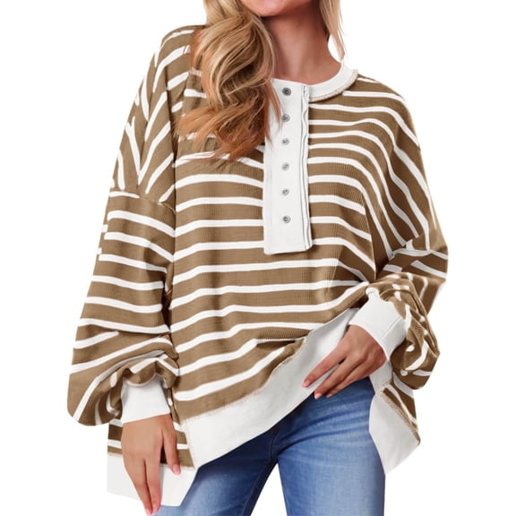 Womens Oversized Color Block Striped Sweatshirts Henley Shirts Casual Pullover Waffle Knit Tops