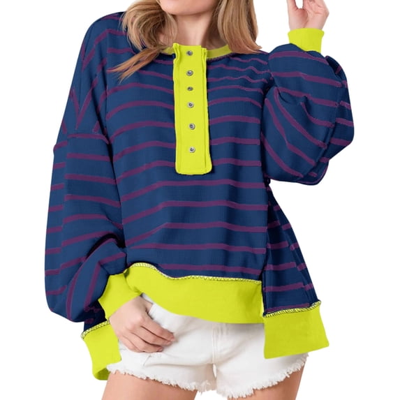 Womens Oversized Color Block Striped Sweatshirts Henley Shirts Casual Pullover Waffle Knit Tops