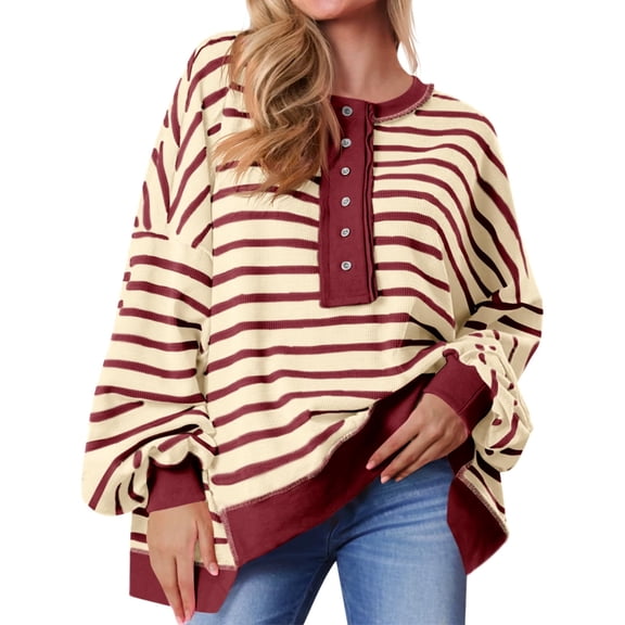 Womens Oversized Color Block Striped Sweatshirts Henley Shirts Casual Pullover Waffle Knit Tops