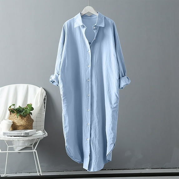 Womens Oversized Cotton Linen Shirts Dress Button Up Long Sleeve Sun-protection Spring Summer Beach Maxi Cover Ups (Large, Blue)