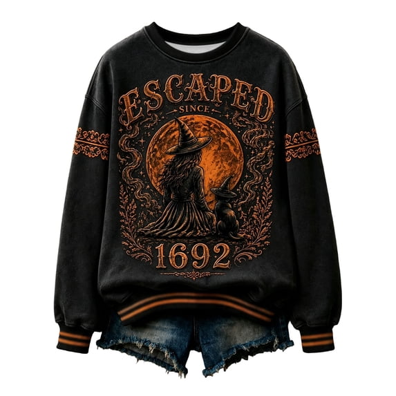 Womens Oversized Crew Neck Halloween Sweatshirts Trendy Escaped Since 1692 Letter Printed Graphic Tops Fall Long Sleeve Loose Fit Tshirts Pullovers Black1 XL