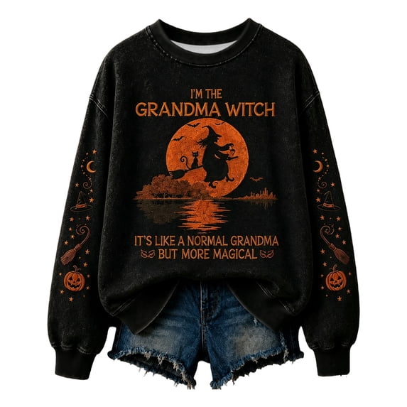 Womens Oversized Crew Neck Halloween Sweatshirts Trendy I'm the Grandma Witch Letter Printed Graphic Tops Fall Long Sleeve Loose Fit Tshirts Pullovers Black3 XL
