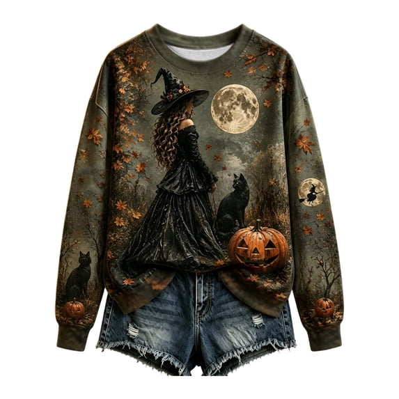 Womens Oversized Crew Neck Halloween Sweatshirts Trendy Witch Black Cat Graphic Tops Fall Long Sleeve Loose Fit Tshirts Pullovers Army Green M