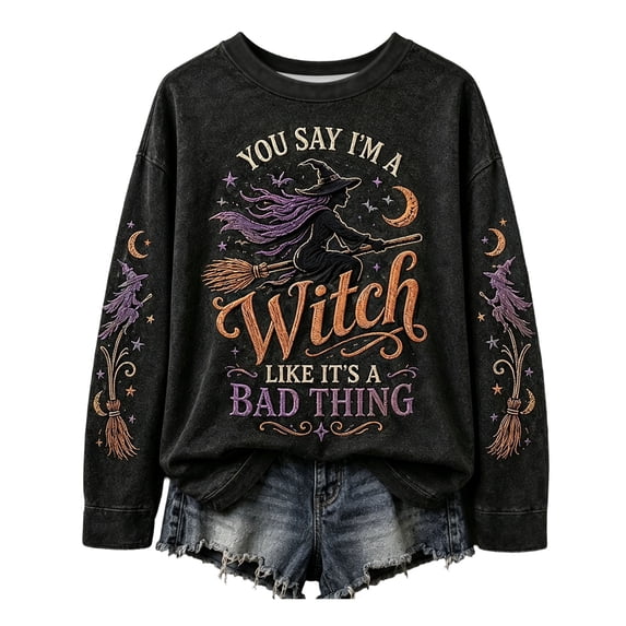 Womens Oversized Crew Neck Halloween Sweatshirts Trendy You Say I'm Witch like It's a Bad Thing Letter Printed Graphic Tops Fall Long Sleeve Loose Fit Tshirts Black2 XL