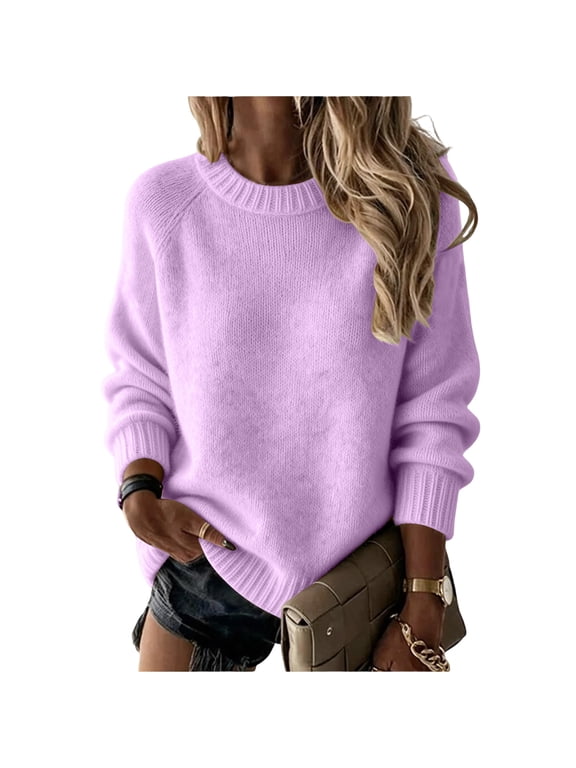 Womens Oversized Crew Neck Pullover Sweater Plus Size Fashion Long Sleeve Loose Solid Color Blouse Jumper Soft Cozy Trendy Outerwear Purple XL