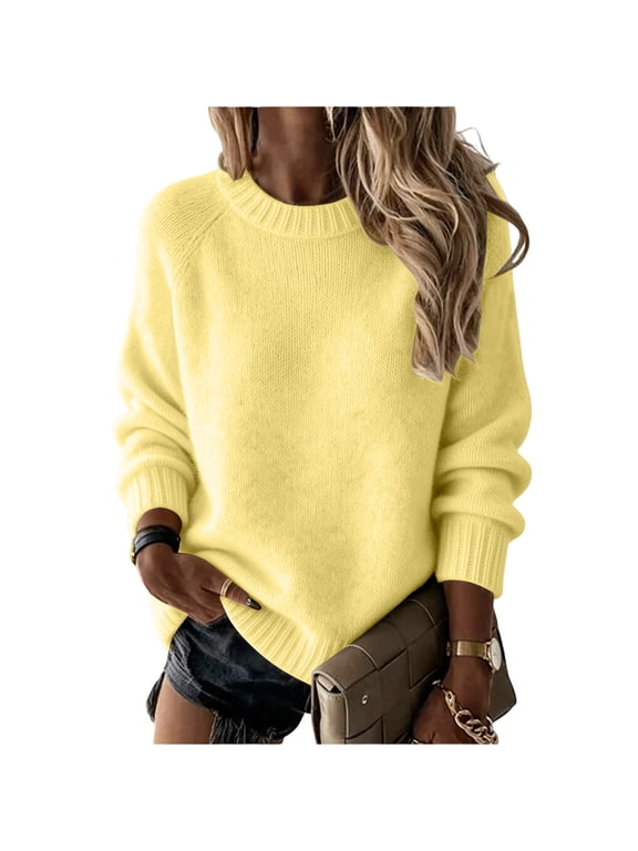 Womens Oversized Crew Neck Pullover Sweater Plus Size Fashion Long Sleeve Loose Solid Color Blouse Jumper Soft Cozy Trendy Outerwear Yellow M
