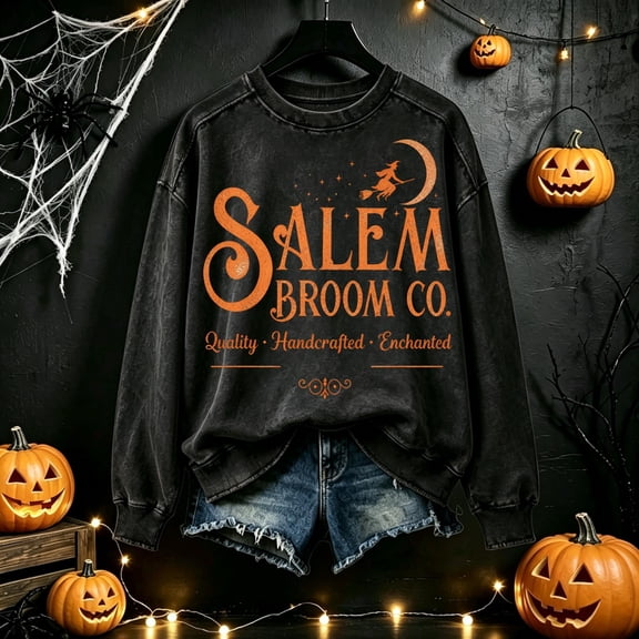 Womens Oversized Crew Neck Pullover Vintage Broom Witch Graphic Sweatshirt Loose Fit Casual Fall Halloween Apparel Black XXL
