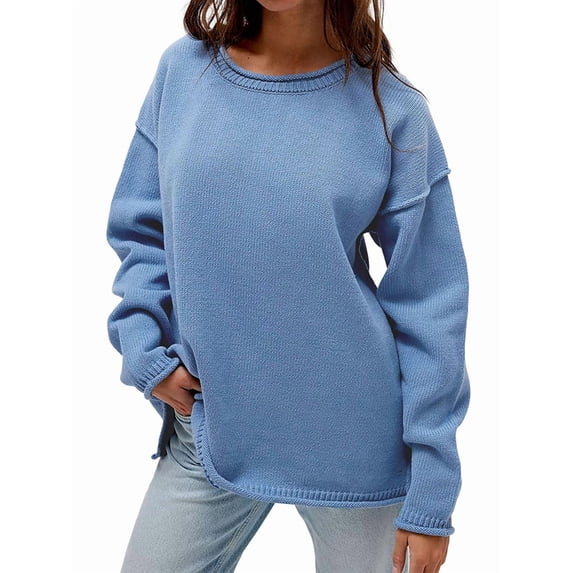 Womens Oversized Crew Neck Sweaters Long Sleeve Slouchy Knit Fall Casual Loose Side Split Pullover Tops Blue M