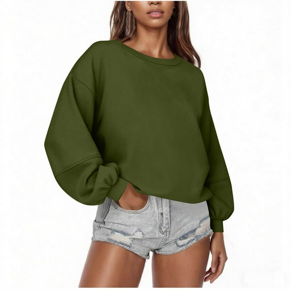 Womens Oversized Crew Neck Sweatshirts, Soft Fleece Casual Comfy Pullover Tops Solid Color Long Sleeve Winter Shirt Fall Outfits Travel Clothes