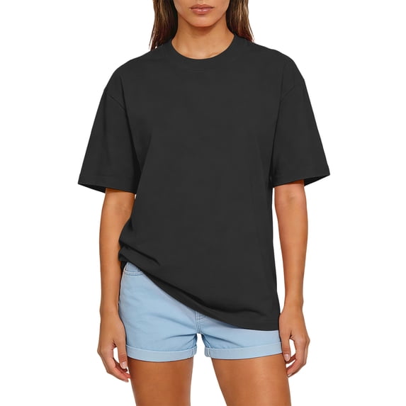 Womens Oversized Crew Neck T-Shirts Short Sleeve,Drop Shoulder Loose Fit Summer Basic Tee for Lounge Black XL