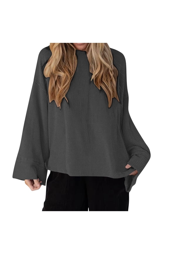 Womens Oversized Crewneck Sweater Batwing Puff Long Sleeve Cable Knit Slouchy Pullover Jumper Tops Fall 2025 Casual Black M