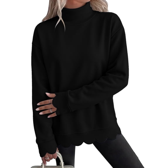 Womens Oversized Crewneck Sweatshirts,Scalloped Casual Pullover Tops,Long Sleeve,Comfort Soft Cute Sweater,Relaxed Loose Fit,Lightweight Loungewear,Athletic Daily 2026 Trendy Fall Outfits Black