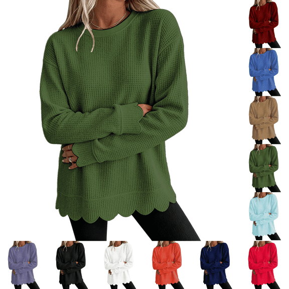 Womens Oversized Crewneck Sweatshirts Scalloped Casual Pullover Tops Long Sleeve Comfort Soft Cute Sweater Relaxed Loose Fit Lightweight Loungewear Athletic Daily Trendy Fall Tops