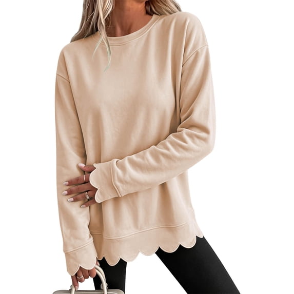 Womens Oversized Crewneck Sweatshirts Scalloped Casual Pullover Tops