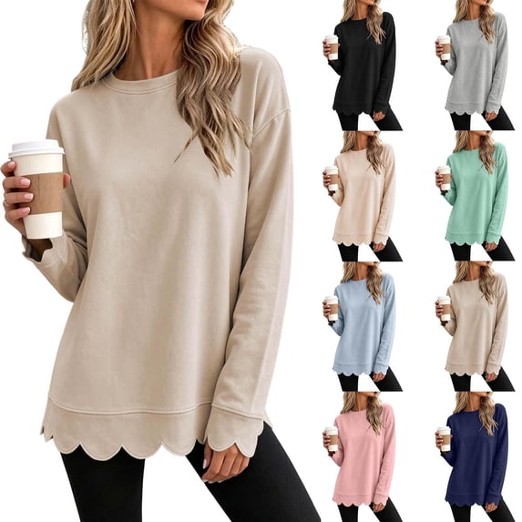 Womens Oversized Crewneck Sweatshirts Scalloped Casual Pullover Tops