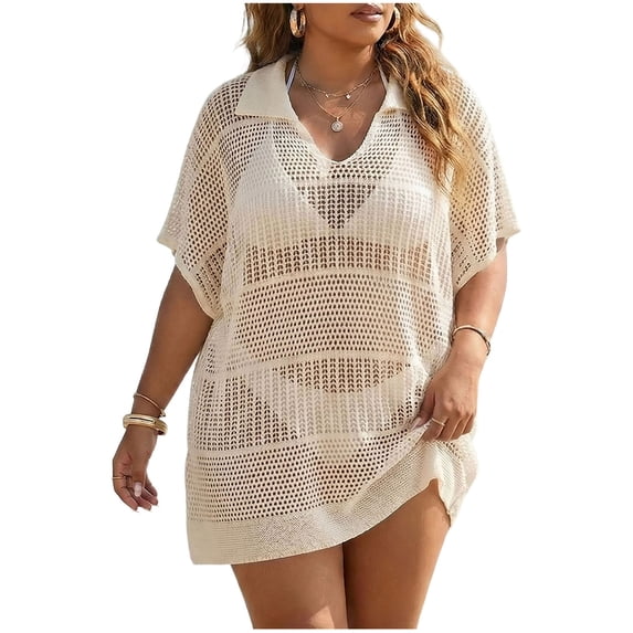 Womens Oversized Crochet Beach Dresses Summer 2026 Scoop Neck Cap Sleeve Bathing Suit Cover Up Mini Dress