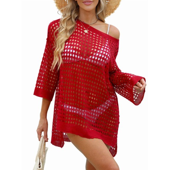 Womens Oversized Crochet Hollow Out Summer Boat Neck Beach Bathing Suit Cover Up Mini Dress Size