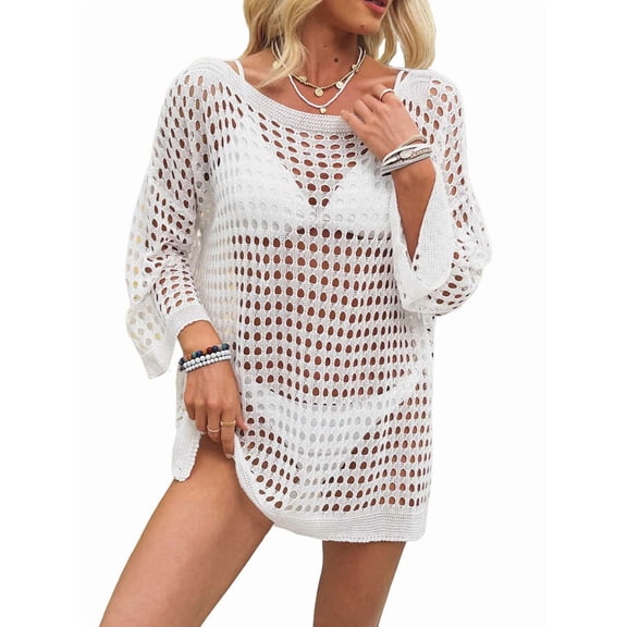 Womens Oversized Crochet Hollow Out Summer Boat Neck Beach Bathing Suit Cover Up Mini Dress White One Size