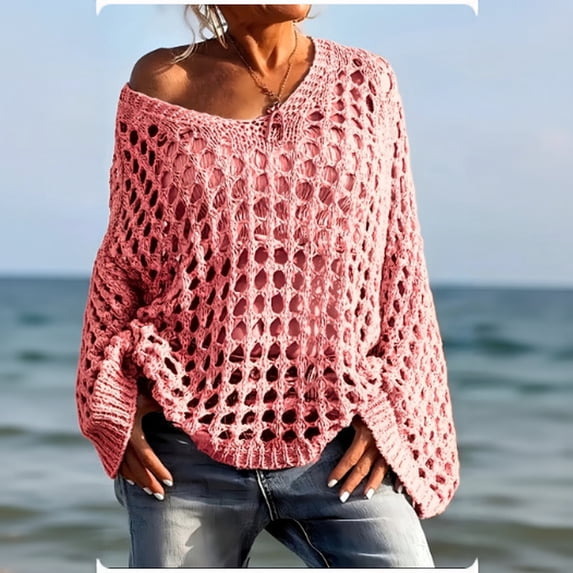 Womens Oversized Crochet Sweaters Trendy Knit Cotton V Neck Long Sleeve Hollow Out Top L