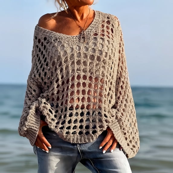 Womens Oversized Crochet Sweaters Trendy Knit Cotton V Neck Long Sleeve Hollow Out Top M