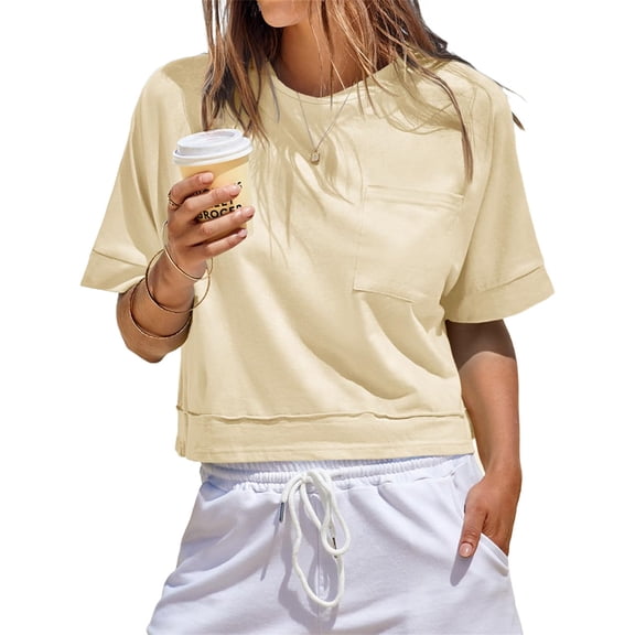 Womens Oversized Crop Tops Workout Short Sleeve T Shirts Summer Casual Loose Fit Basic Tee Shirts with Pockets