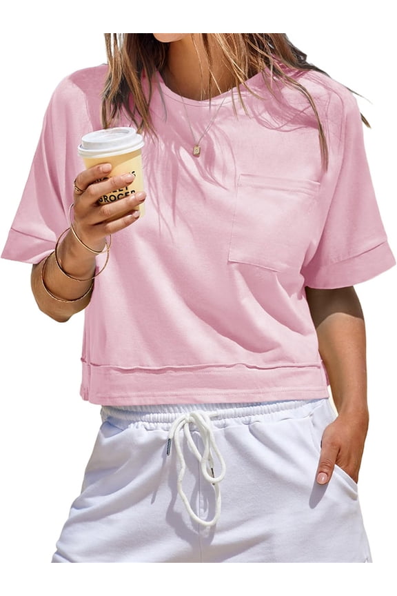 Womens Oversized Crop Tops Workout Short Sleeve T Shirts Summer Casual Loose Fit Basic Tee Shirts with Pockets
