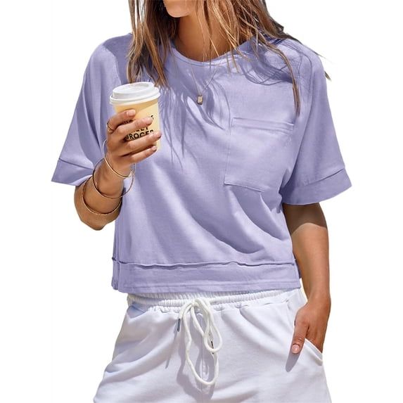 Womens Oversized Crop Tops Workout Short Sleeve T Shirts Summer Casual Loose Fit Basic Tee Shirts with Pockets