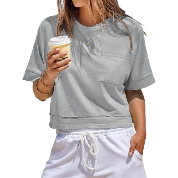 Womens Oversized Crop Tops Workout Short Sleeve T Shirts Summer Casual Loose Fit Basic Tee Shirts with Pockets