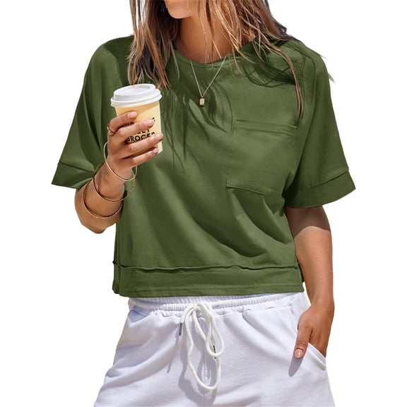 Womens Oversized Crop Tops Workout Short Sleeve T Shirts Summer Casual Loose Fit Basic Tee Shirts with Pockets