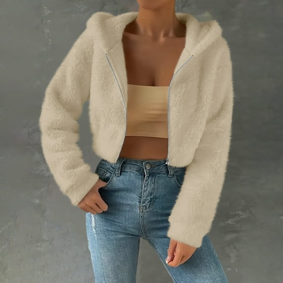Womens Oversized Cropped Jacket Fuzzy Fleece Zip up Hoodies with Pockets Warm Fall Outfits Winter Coats New Jacket for Women Beige L