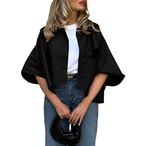 Womens Oversized Cropped Trench Coats Single Breasted 3/4 Sleeve Casual Button up Jackets