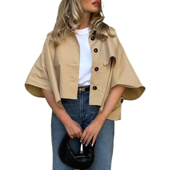 Womens Oversized Cropped Trench Coats Single Breasted 3/4 Sleeve Casual Button up Jackets
