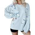 thumbnail image 1 of Womens Oversized Cute Bow- Tie Sweater Spring Cozy Chunky Ribbed Knit Crewneck Long Sleeve Pullover Tops Light Blue S, 1 of 8