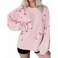 thumbnail image 1 of Womens Oversized Cute Bow- Tie Sweater Spring Cozy Chunky Ribbed Knit Crewneck Long Sleeve Pullover Tops Pink L, 1 of 7