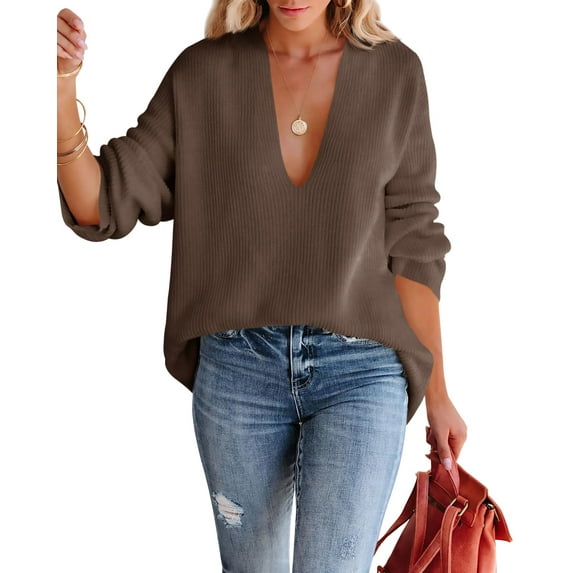 Womens Oversized Deep V Neck Sweaters Fall Winter Long Sleeve Knit Pullover Jumper