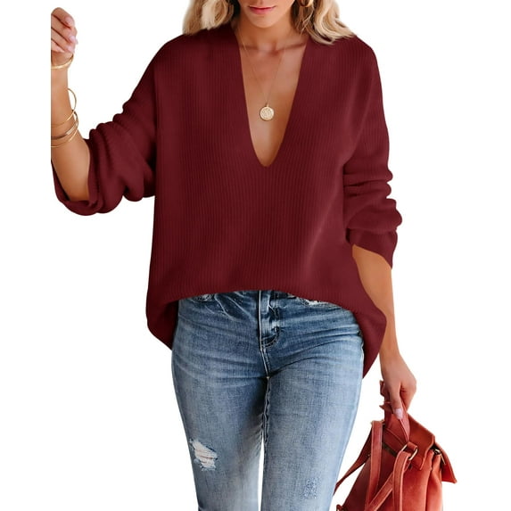 Womens Oversized Deep V Neck Sweaters Fall Winter Long Sleeve Knit Pullover Jumper