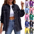 thumbnail image 1 of Womens Oversized Denim Jacket Retro Button Up Frayed Hem Jean Shacket Vintage Long Sleeve Loose Outerwear with Pockets, 1 of 6