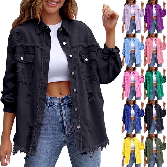 Womens Oversized Denim Jacket Retro Button Up Frayed Hem Jean Shacket Vintage Long Sleeve Loose Outerwear with Pockets
