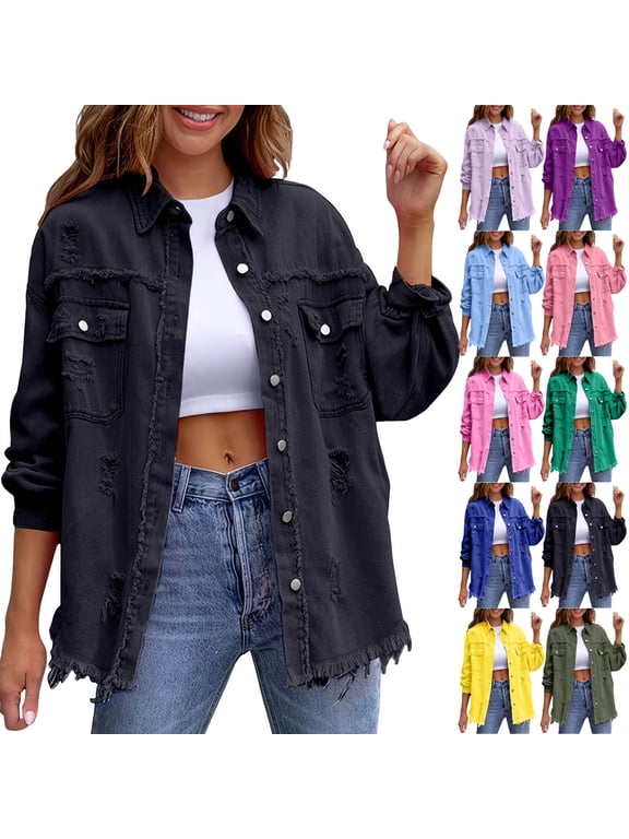 Womens Oversized Denim Jacket Retro Button Up Frayed Hem Jean Shacket Vintage Long Sleeve Loose Outerwear with Pockets