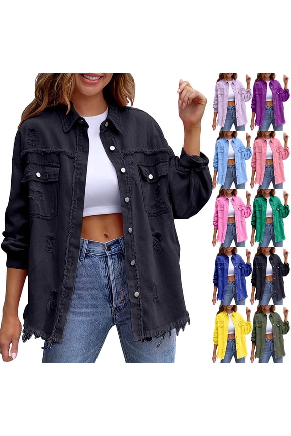 Womens Oversized Denim Jacket Retro Button Up Frayed Hem Jean Shacket Vintage Long Sleeve Loose Outerwear with Pockets