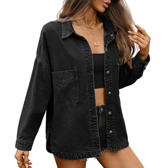 Womens Oversized Denim Shirt Jacket Button Down Long Sleeve Fall Casual Jean Shackets Black & Gray M