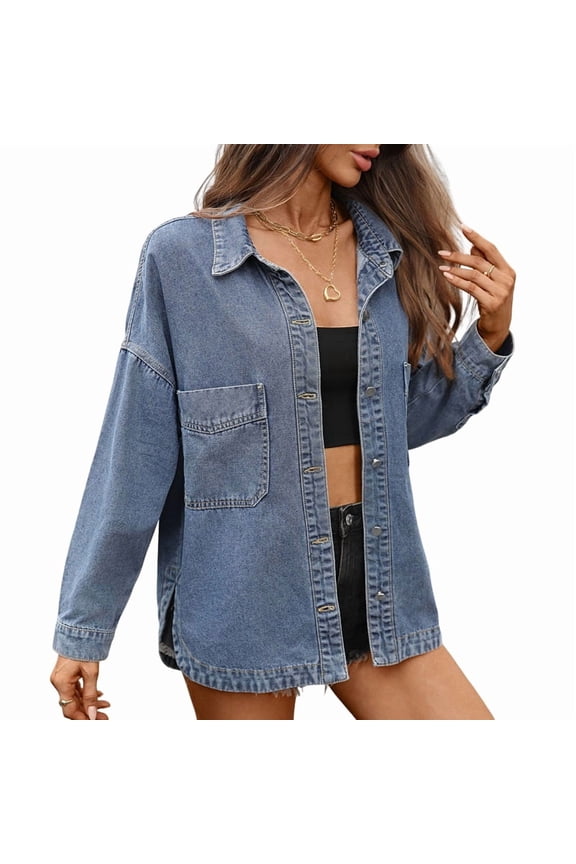 Womens Oversized Denim Shirt Jacket Button Down Long Sleeve Fall Casual Jean Shackets Blue S