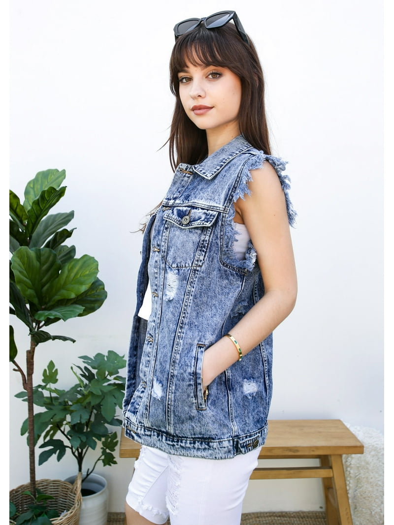 【BAON】Loiki Shirring Pocket Denim Sleeveless Long OP Womens Oversized Distressed Sleeveless Denim Vest Pockets