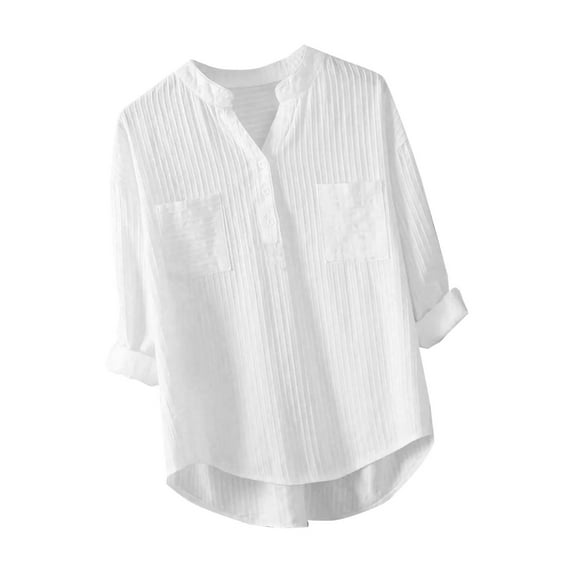 Womens Oversized Dressy Blouses, Long Sleeve Shirts for Women Fall Lightweight Casual Solid Color Button Up V Neck T-Shirts